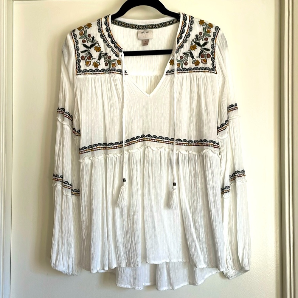 Knox Rose Womens Size M Boho Ruffle Long Sleeve Blouse Shirt Top White